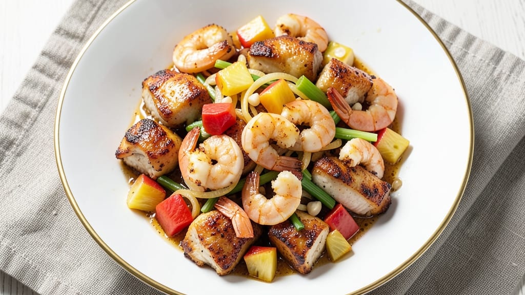 Crispy Pineapple Chicken and Shrimp Recipe: Sweet-Tart Glaze with Crunchy Celery Pepper Bites